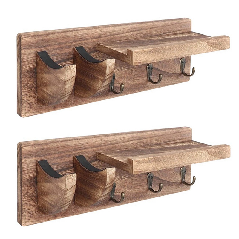 2X Guitar Wall Hanger Guitar Holder Wall Mount Bracket Hanger Wood Hanging with Pick Holder and 3 Hooks Carbonized