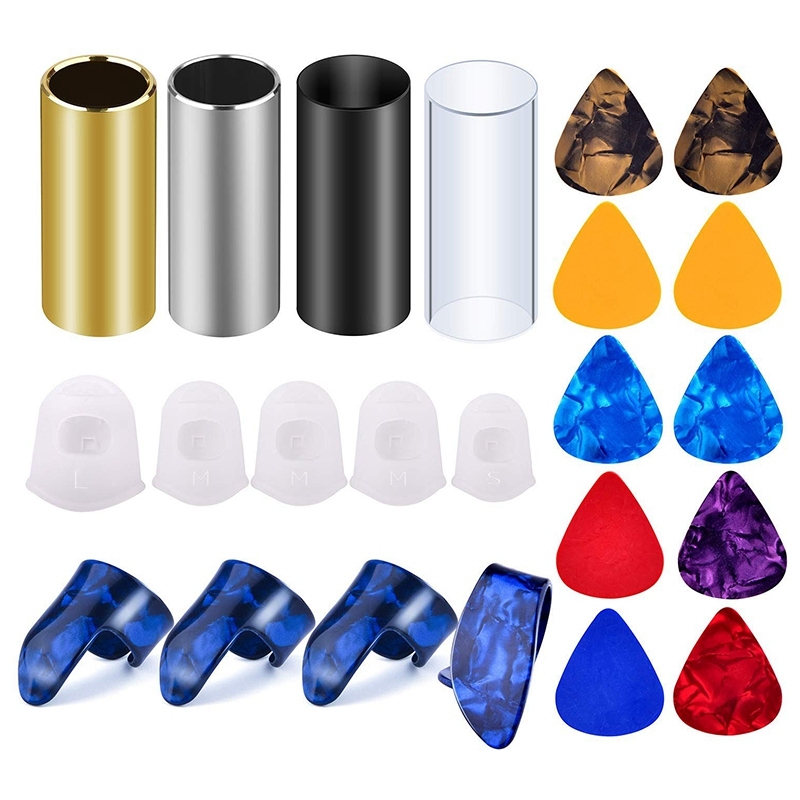 Guitar Slides Set Include 10 Pieces Guitar Picks, 4 Pieces Plastic Thumb & Finger Picks and Clear Guitar Finger Protectors