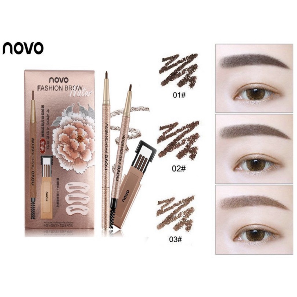 ∏♝✼  NOVO (No.5146) Fashion Brow Natur โนโว ดินสอเขียนคิ้ว แบบหมุน มีแปรงปัดคิ้วในตัวพร้อมไส้ดินสอเปลี่ยน3แท่ง