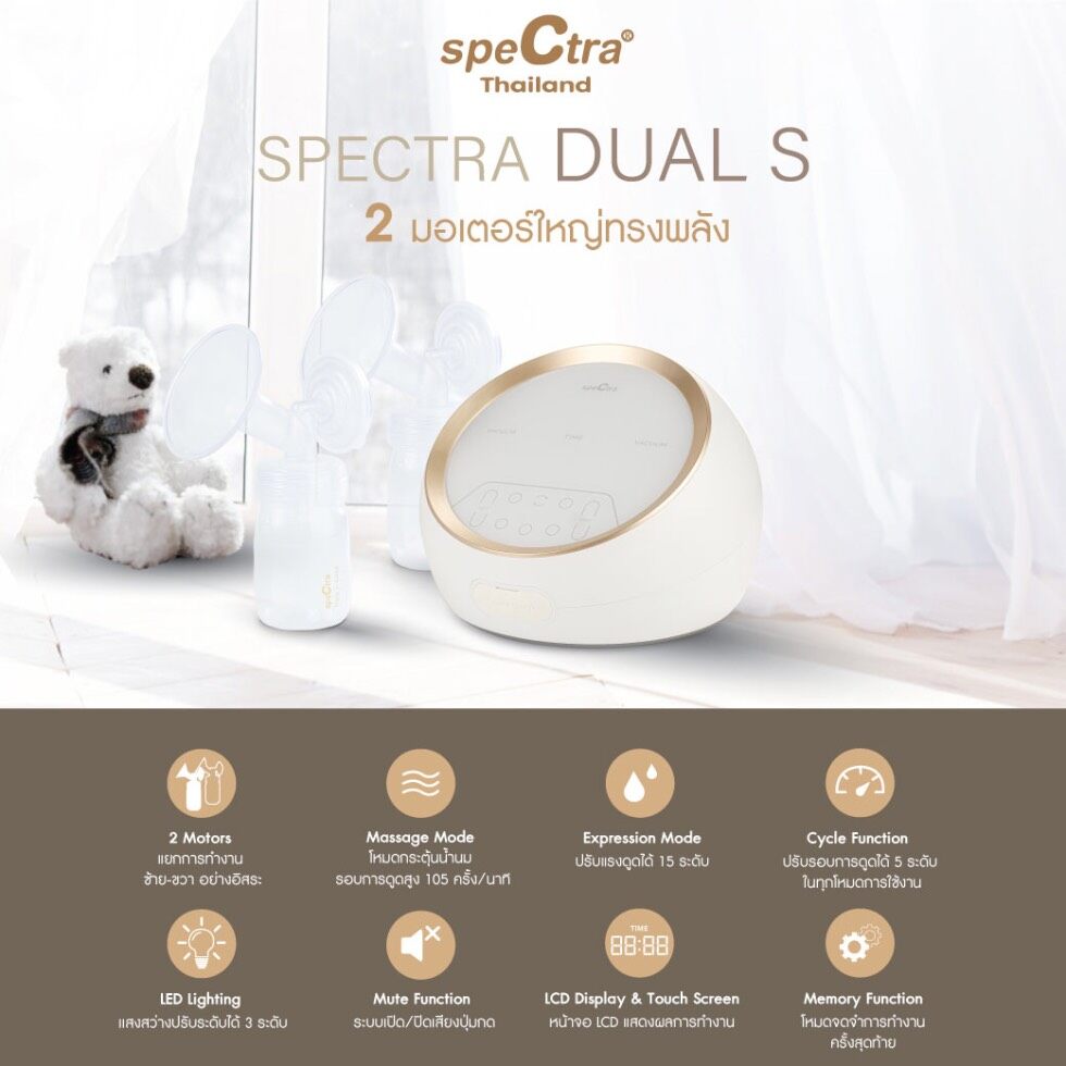 spectra ปั๊มนมรุ่น DUAL S ปั๊มนมไฟฟ้า เครื่องปั๊มนมไฟฟ้าปั๊มคู่ สินค้าศูนย์ไทยแท้100 % รับประกันศูนย์ไทย 1ปี