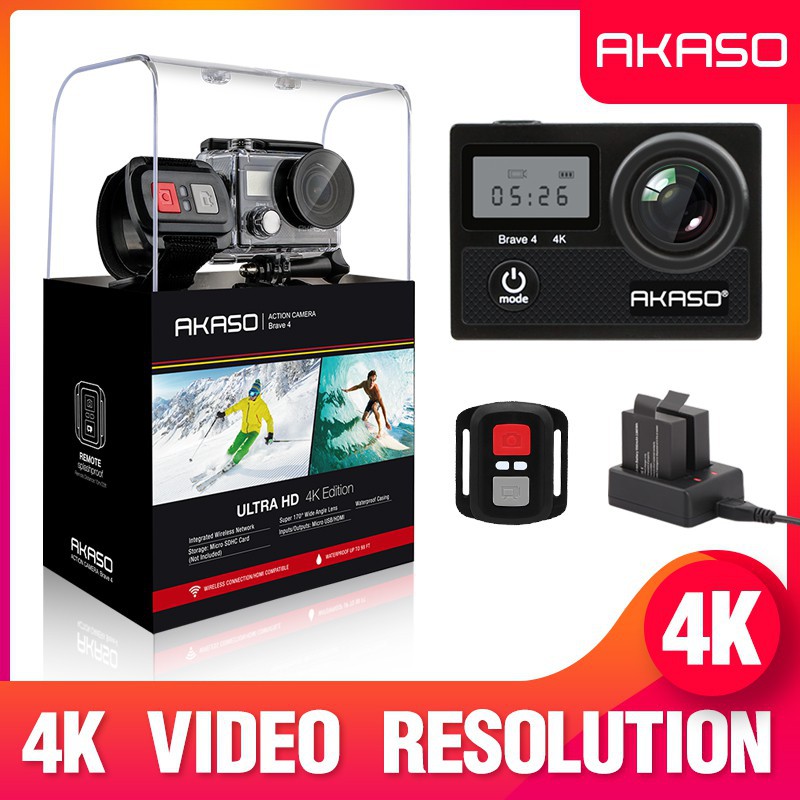 AKASO Brave 4 กล้องถ่ายภาพกลางแจ้ง WIFI 4K กล้องถ่ายวิดีโอกันน้ำ HD ดำน้ำกีฬา 4 พัน 20mp WiFi Action Camera