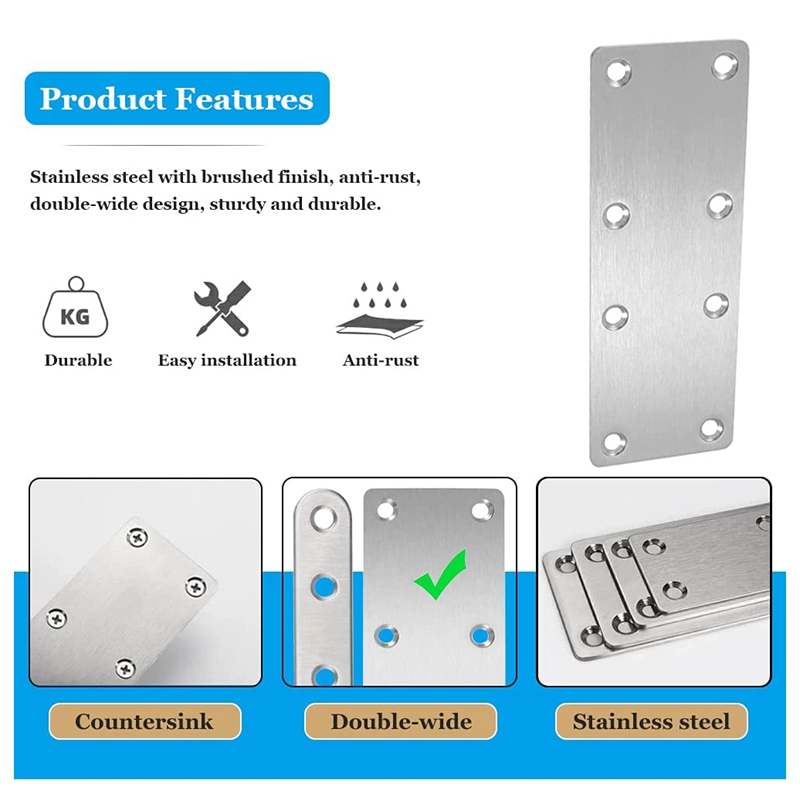 10-Pack Stainless Steel Flat Brace Plates - 40x16mm Repair Brackets For Furniture