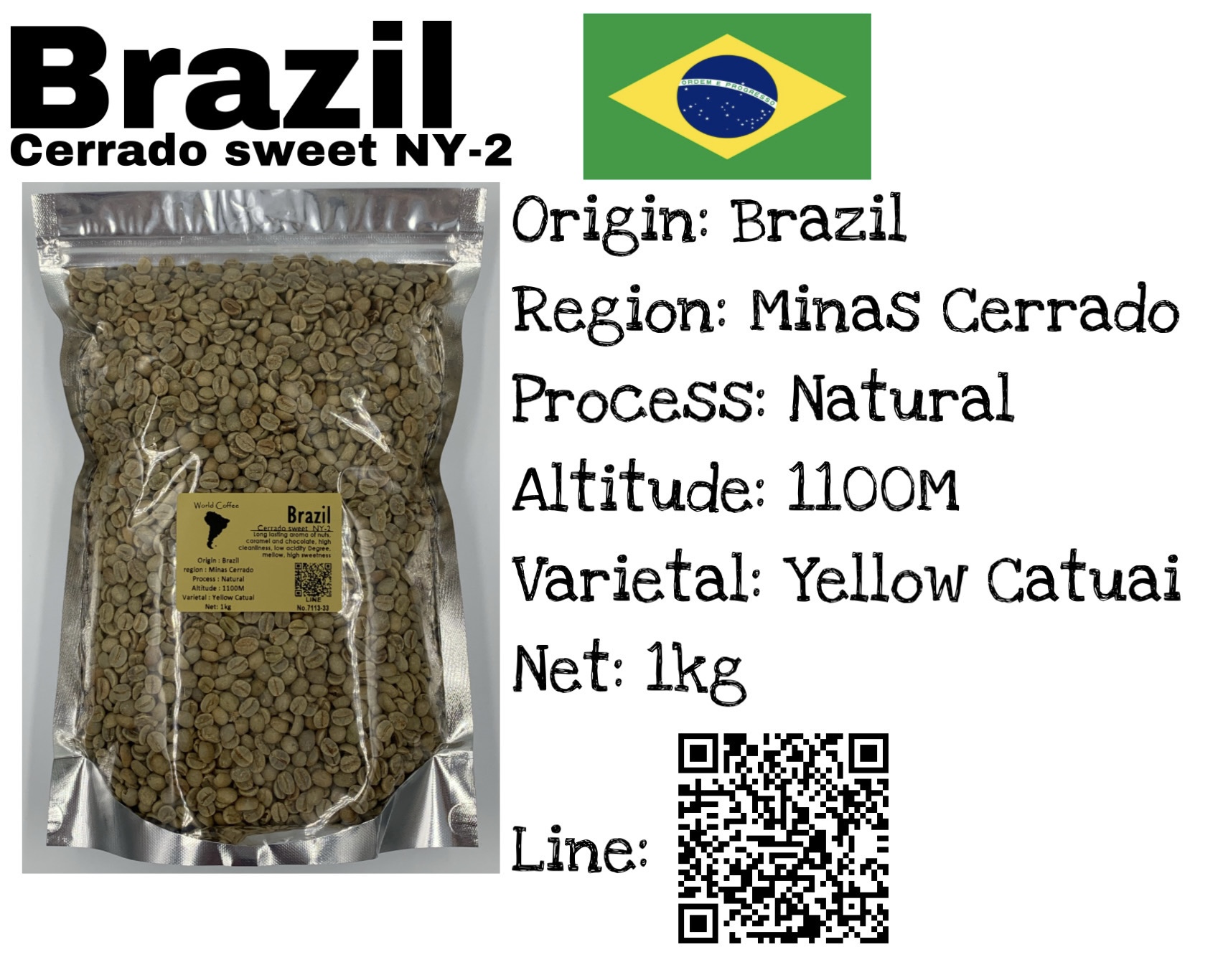*NEW* พร้อมส่ง เมล็ดกาแฟดิบ Premium Brazil Cerrado Sweet NY-2 Natural process ขนาด 1kg. / เมล็ดกาแฟนอก/เมล็ดกาแฟสารบราซิล/  Brazil Cerrado NY-2 green beans 1kg