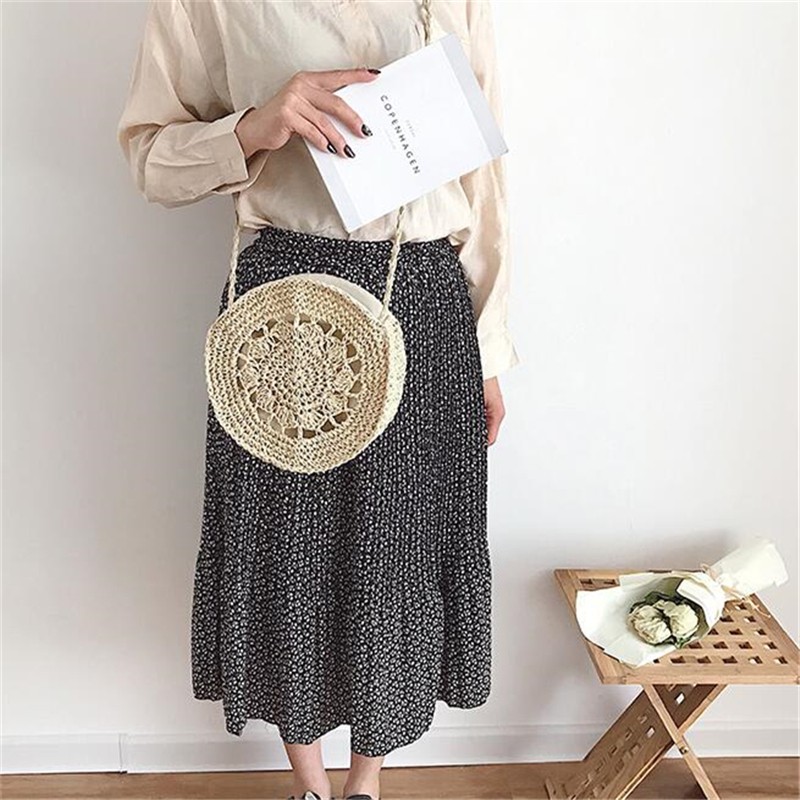 Beisaqi Straw Beach Bag For Women | Hand-Woven Round Shoulder Bag, Light Brown, Approx. 11" Diameter - View #5