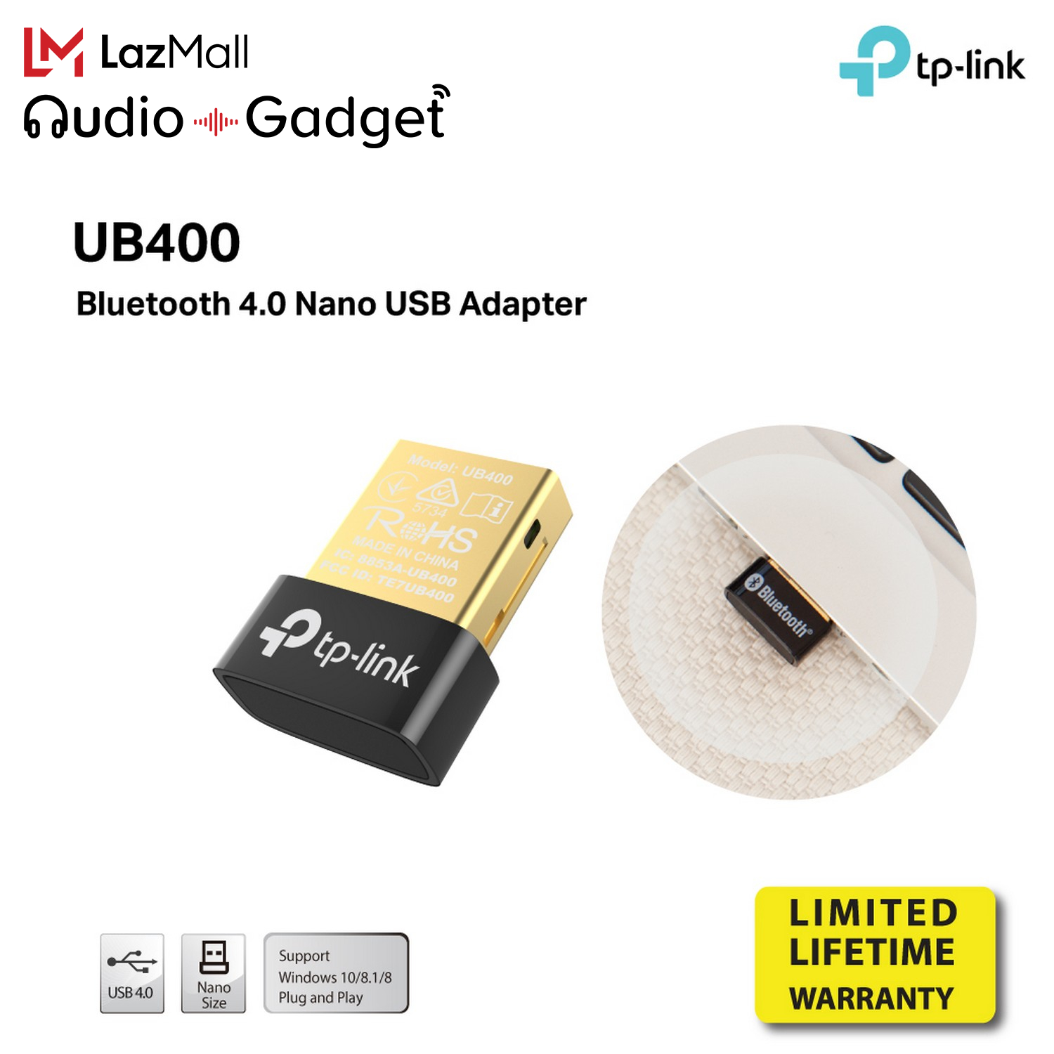 TP-LINK UB400 Bluetooth 4.0 Nano USB Adapter ตัวรับสัญญาณบลูทูธ 4.0 ขนาดจิ๋ว Plug&amp;Play รองรับระบบ WindowXP/7/8.1/10 ( อุปกรณ์รับ Wi-Fi อุปกรณ์เน็ตเวิร์ค )