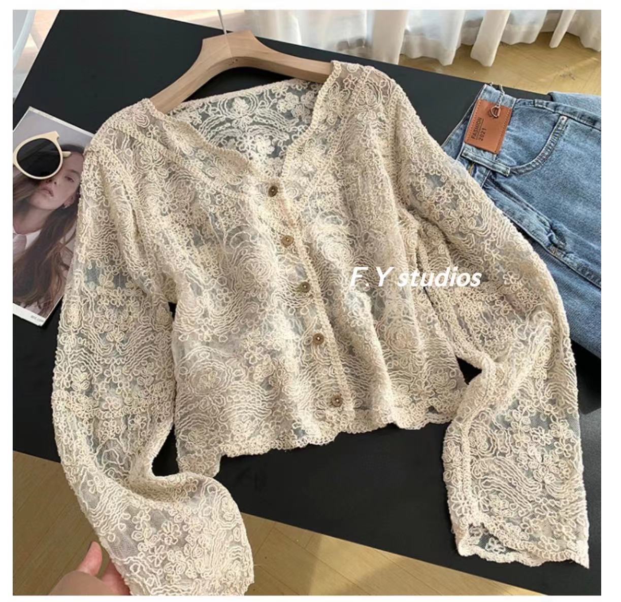 𝙁.𝙔 𝙨𝙩𝙪𝙙𝙞𝙤𝙨 🌸(พร้อมส่ง‼️)🌸เสื้อลูกไม้ น่ารักๆ เสื้อแขนยาวคอV ลายดอก ...