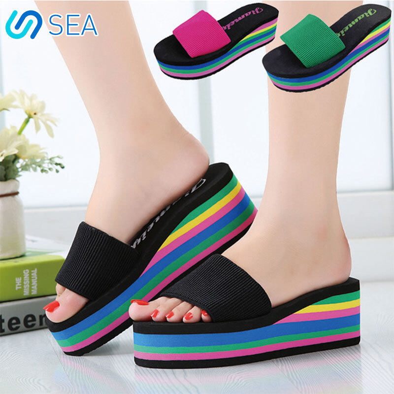 ST 2020 รองเท้าผู้หญิงใหม่เกาหลีFlip-flopsรองเท้าแตะรองเท้าส้นสูงRainbowมัฟฟินรองเท้าแตะส้นหนารองเท้าแตะสำหรับสตรี