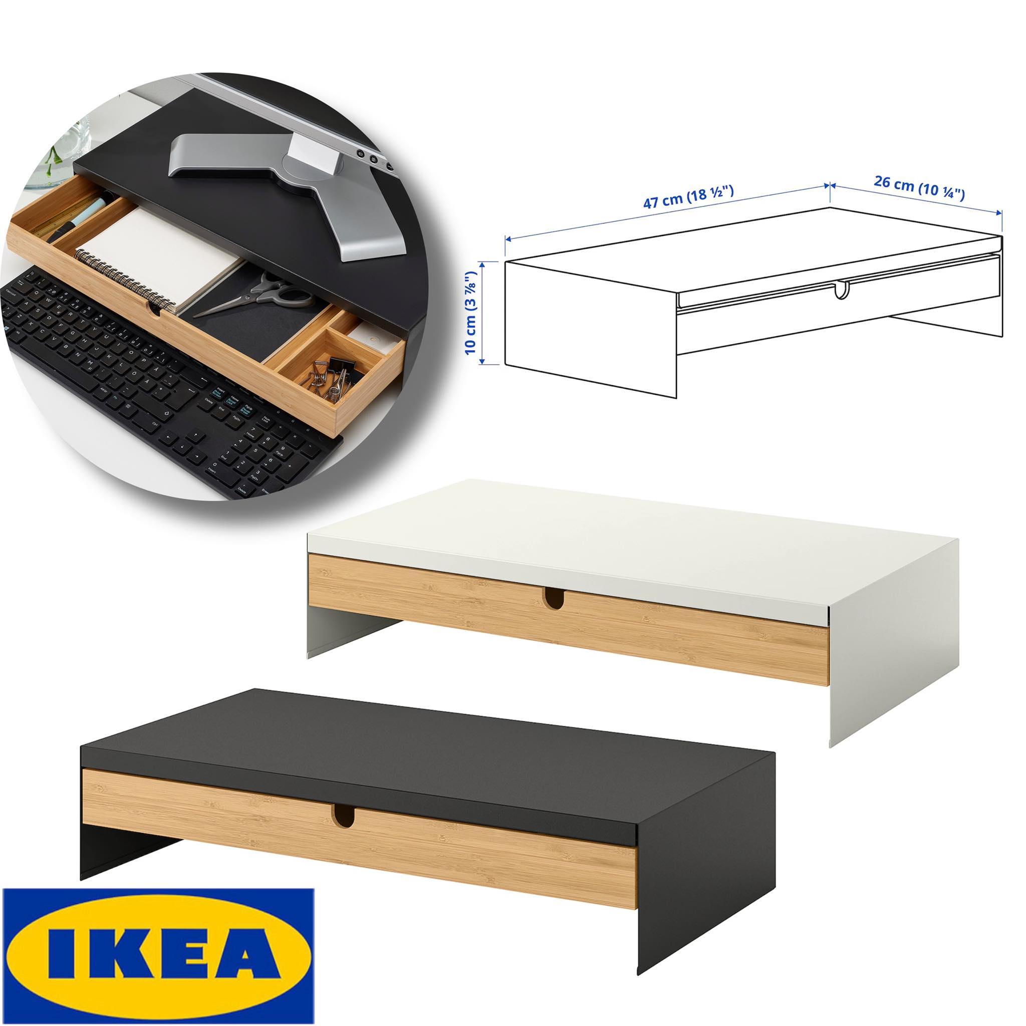 IKEA ของแท้ ELLOVEN เอลโลเวน ชั้นวางจอคอมพร้อมลิ้นชักเก็บของ, ขาว,สีแอนทราไซต์