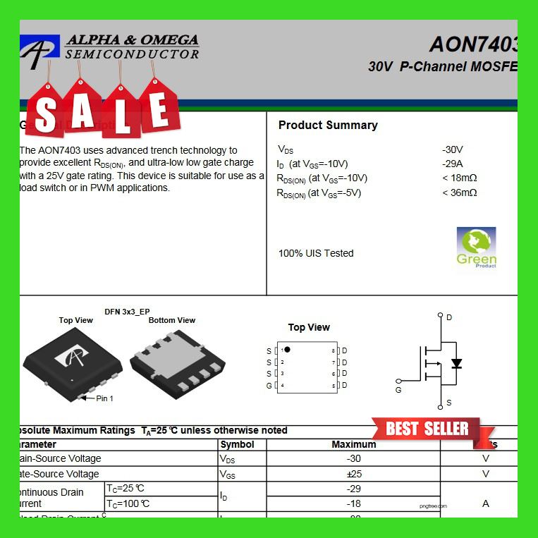 สินค้าดี มีคุณภาพ ## Mosfet P-Channel 30V. Aon7403 Ao 7403 7403 Qfn Mosfet ของใหม่