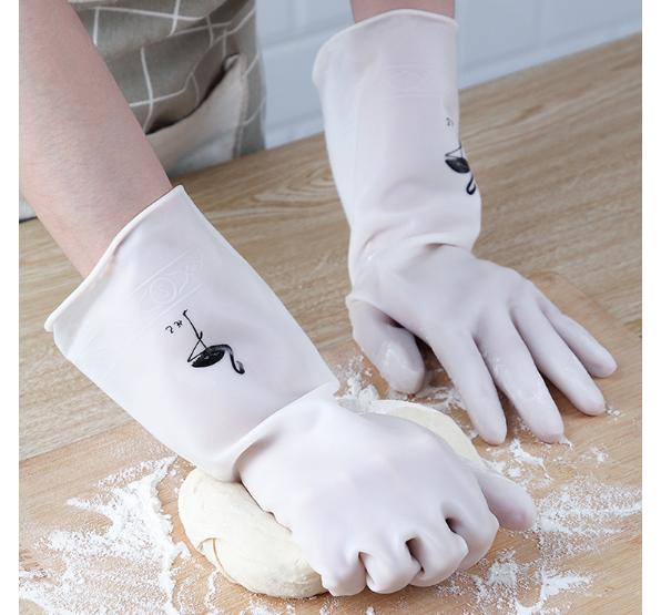 ส่งไวจากไทย! ถุงมือล้างจานทำความสะอาด ถุงมือยืดหยุ่นกันน้ำ 1คู่ Gloves สีขาว ลาย Flamigpo XSJ-085