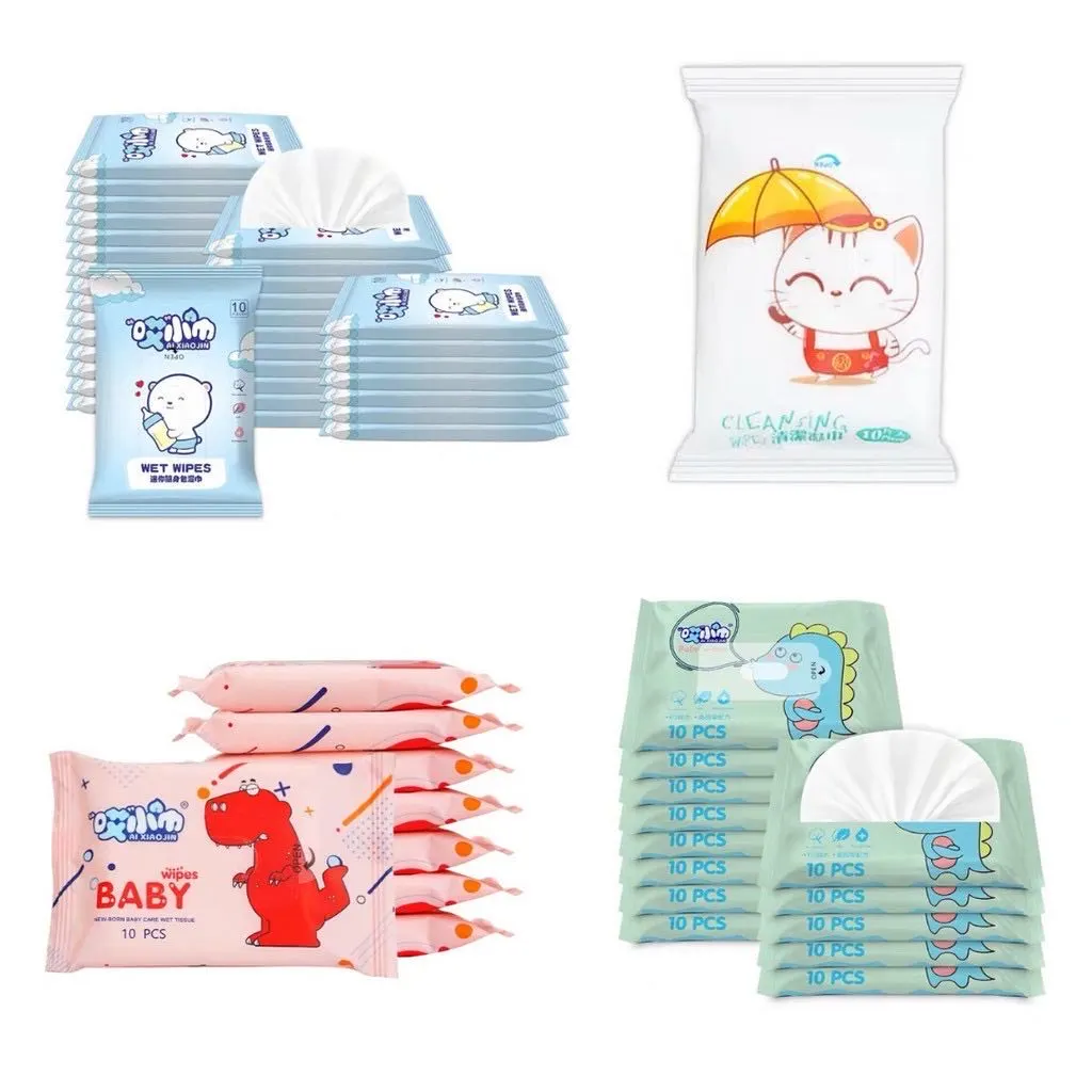 Babyonline(R297)L2ทิชชู่เปียก ทิชชู่เปียกสำหรับเด็ก ไร้สารเคมี ลายการ์ตูน ขนาดพกพา1ห่อมี10แผ่น