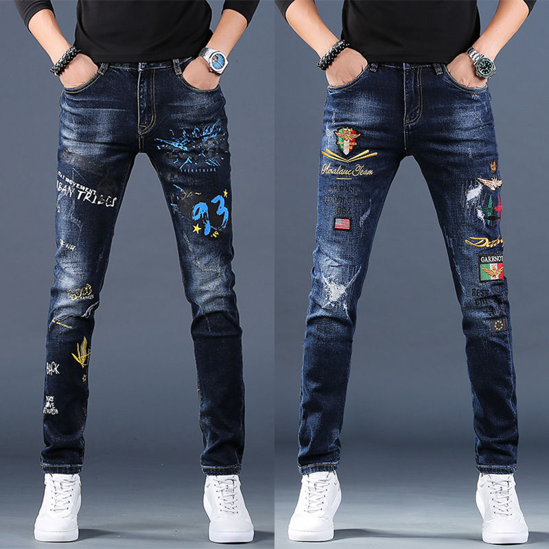 Luxury Embroidered Jeans Men Spliced Snowflake Printed Pants