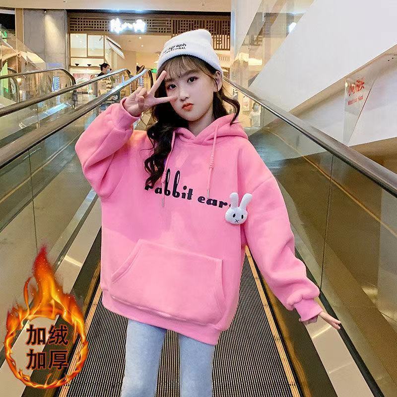 Fleece Hoodie for Kids Girls 3-14 Years 2022 Autunm and Winter New Fashion Trend Hooded Sweatshirt Korean Casual Sports Pullover for Big Kids Girls