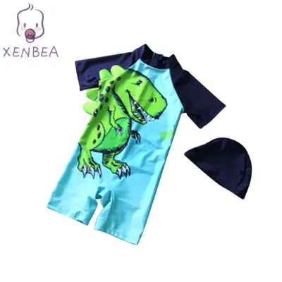 2 Pcs/set Boys Kids Swimsuit Infant Muslimah Swimwear with Cap Toddler Cartoon Dinosaur Printing Swimsuit