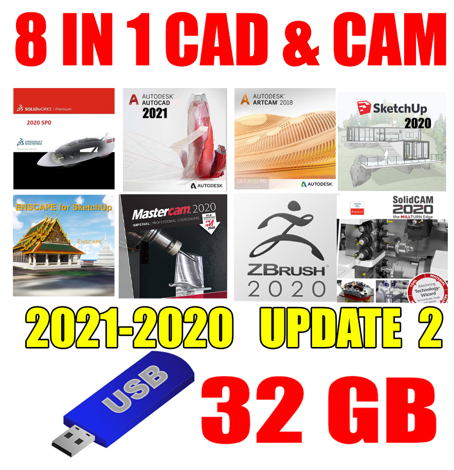8 IN 1 CAD & CAM (2021-2020) Update 2 รวมโปรแกรมออกแบบ แคด & แคม ยอดนิยม (Windows)(USB 32 GB)