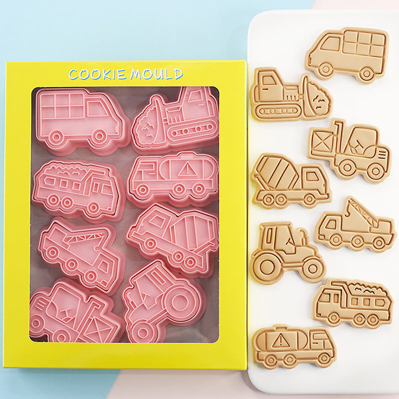 8PCS Engineering Truck Cookie Cutter Plastic 3D Cartoon Pressable Biscuit Mold