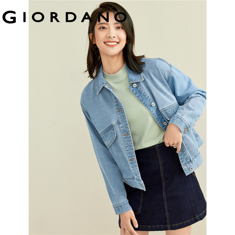 Giordano ผู้หญิง เสื้อแจ็คเก็ตยีนส์ปกหลวมสไตล์ทำงานมีกระเป๋าแบบหลวมผ้าคอตตอน 05371679