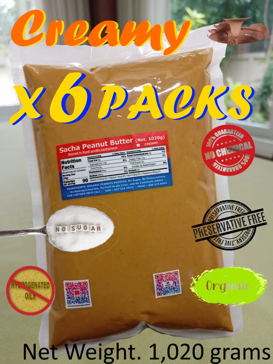 Sacha Peanut Butter (Creamy x 6 Packs) All Natural Organic (1,020 grams x 6 แพ็ค) - Free Delivery, ซาช่า-เนยถั่ว (ส่งฟรี)