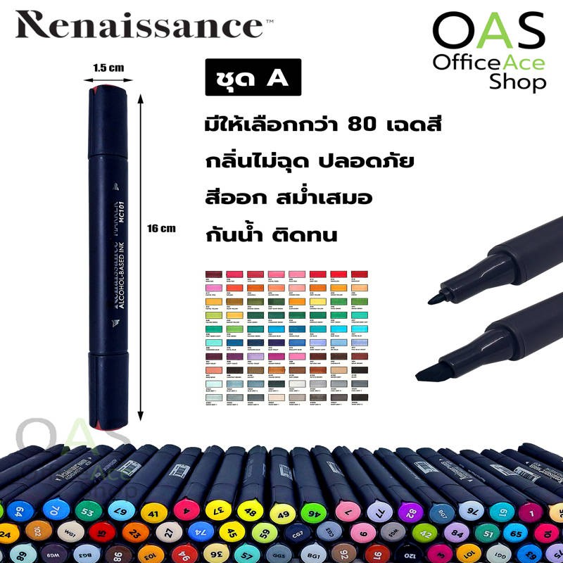 RENAISSANCE Marker Alcohol-Based Ink มาร์กเกอร์สี 2 หัว เรนาซองซ์ 80 เฉดสี #MC101 ชุด A