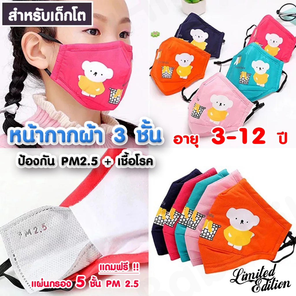 🌈 หน้ากากผ้าเด็กโต 3 ชั้น สำหรับเด็กอายุ 3-12 ปี ป้องกัน PM 2.5 ll แถมฟรี ! แผ่นกรอง PM 2.5 เพิ่ม 1 แผ่น !