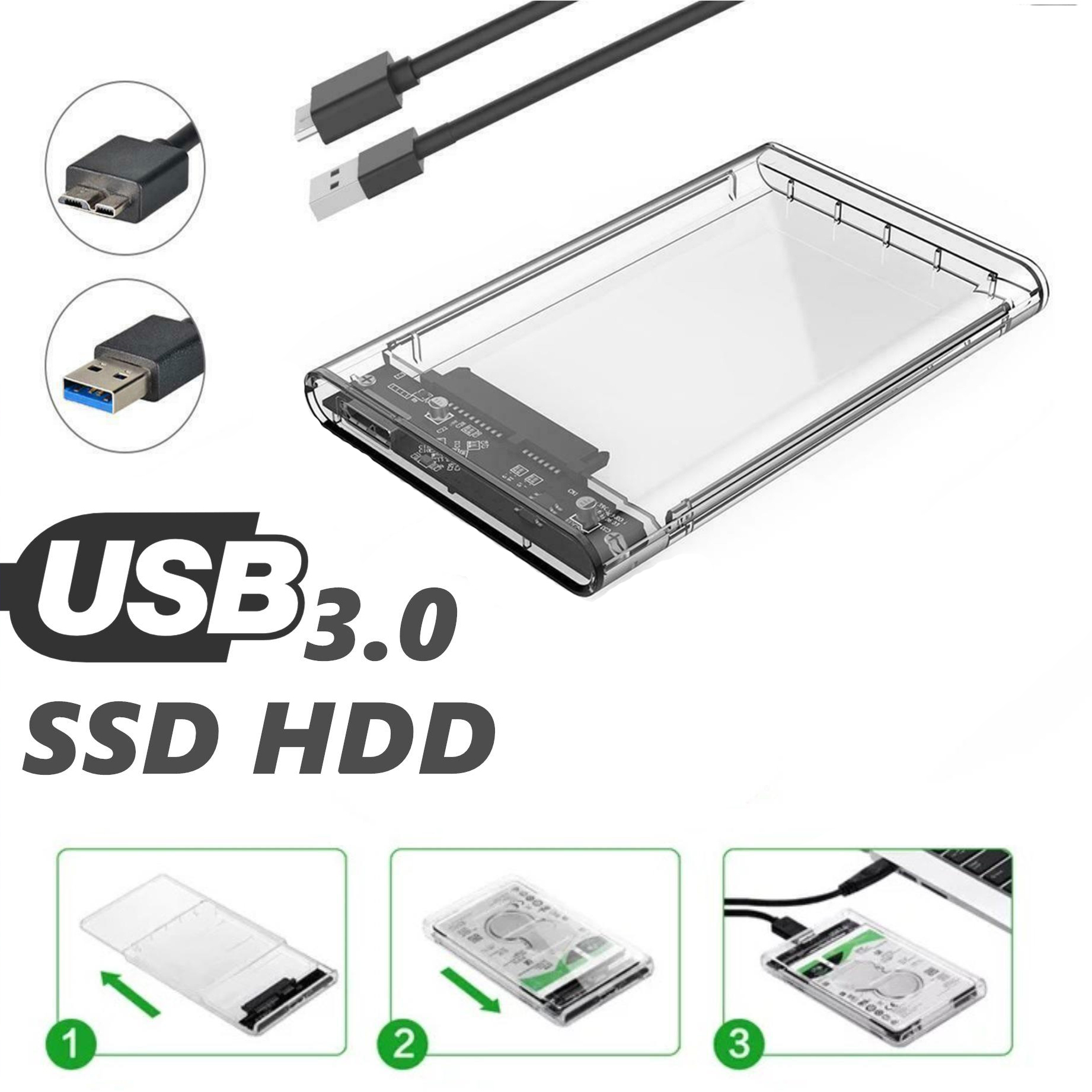 SuoLuoLife กล่องใส่ฮารดิส 2.5 Inch กล่องฮาร์ดดิส Transparent External HDD Hard Drive Case SSD Enclosure SATA to USB 3.0 Support Max 2TB