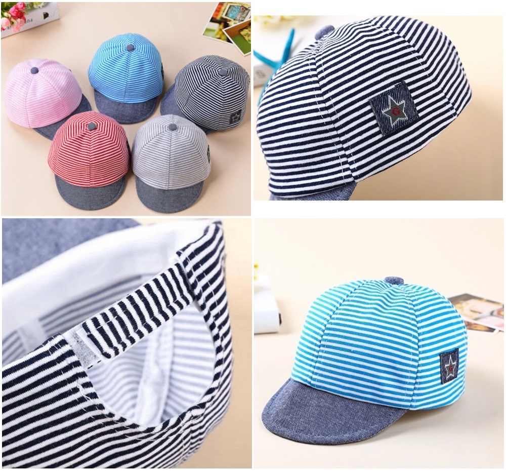 หมวกเบสบอลเด็กอ่อนสวมใส่สบายในฤดูร้อนลาย unisex, 5 สีให้เลือก   Summer Wear Baby Hats Soft Comfortable Striped Baseball Cap, Unisex, 5 Colors Available