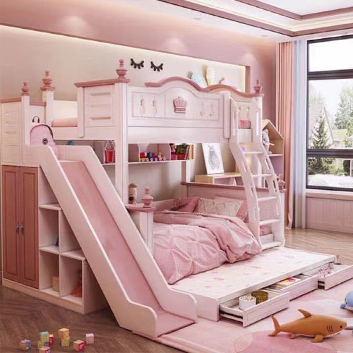 公主风格儿童上下床เตียนนอนเด็กสองชั้นพร้องตู้เสื้อผ้า+สไลด์เดอร์+ลิ้นชักในตัว เตียงนอนเด็ก  เตียงนอน เตียง3.5-5ฟุต