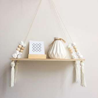 Wood Hanging Wall Shelf, Princess Style Tassel Beads Decoration Storage Display Stand For Women Girls Kids Bedroom Decor