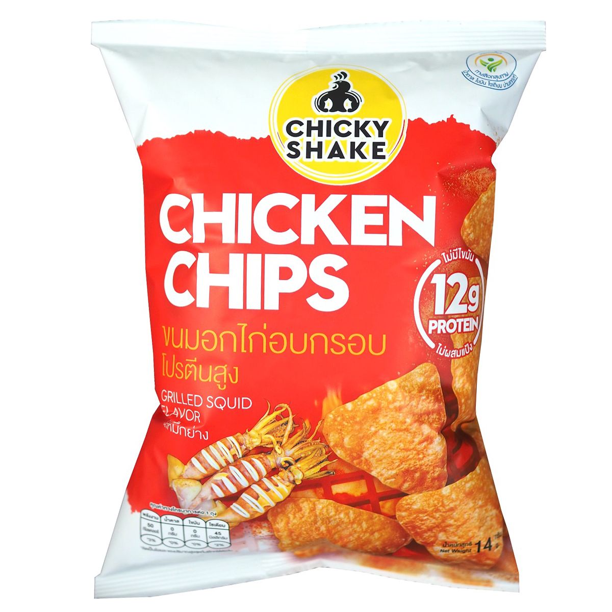 ?(แพ็ค3)?ชิคกี้เชคชิกเก้นชิพส์รสปลาหมึกย่าง 12 กรัมโปรตีน 14 กรัม/Chicky Shake Chicken Chips Grilled Squid Flavour 12g Protein 14g