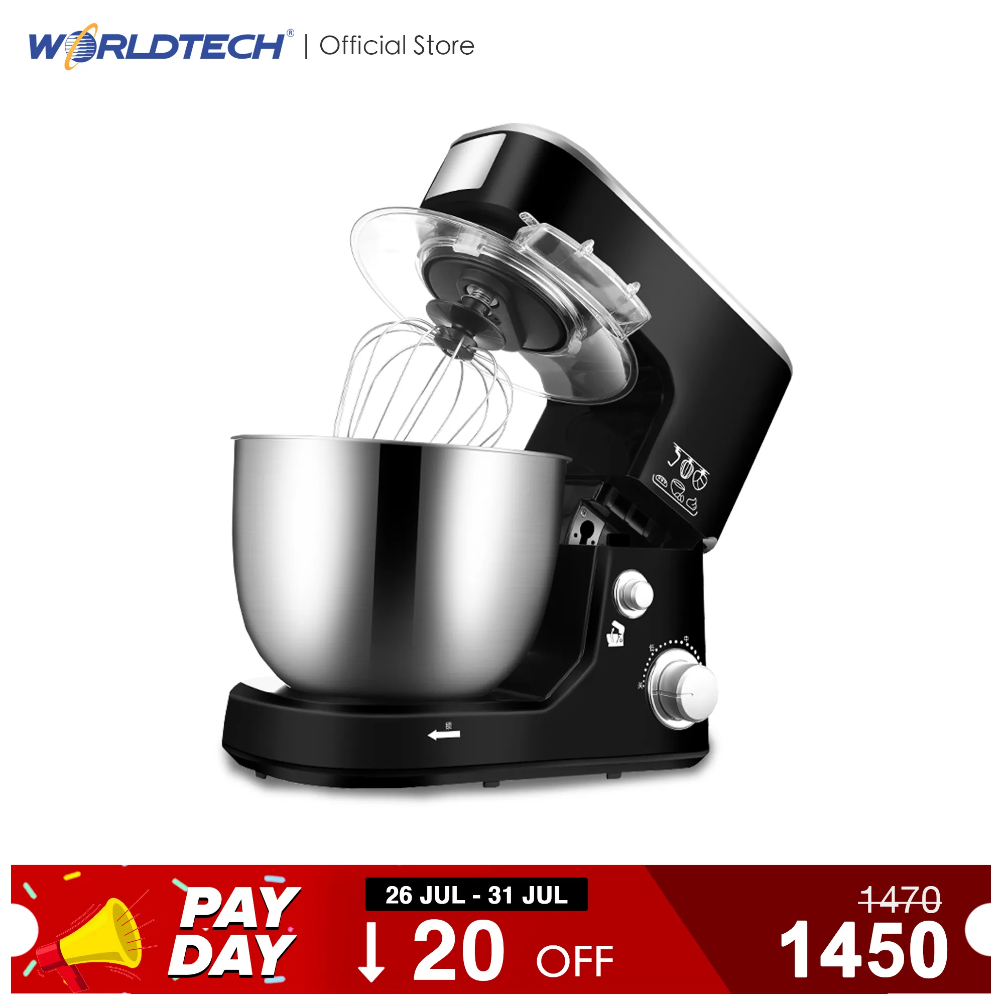 Worldtech เครื่องผสมอาหาร 5 ลิตร Stand Mixer รุ่น WT-SM50 เครื่องตีแป้ง เครื่องตีไข่ แบบตั้งโต๊ะ นวดแป้ง/ผสมอาหาร เครื่องผสมอเนกประสงค์ โถสแตนเลส ความจุ 5L. 1000 วัตต์ รับประกัน 1 ปี