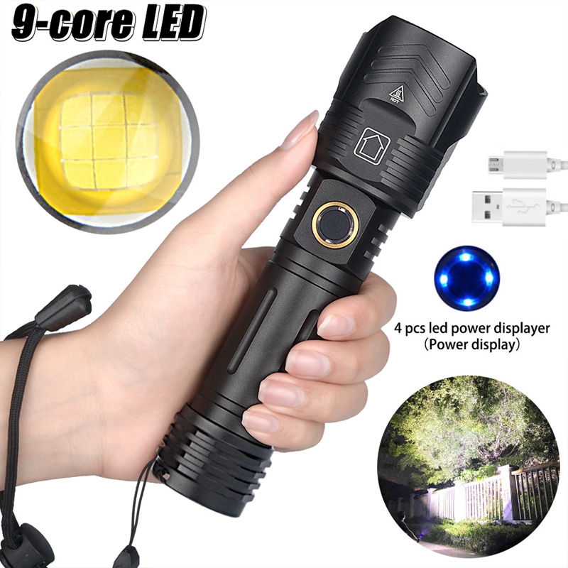XHP90 9-Core LED Flashlight Zoom USB Rechargeable XHP90 Torch IPX4 ...