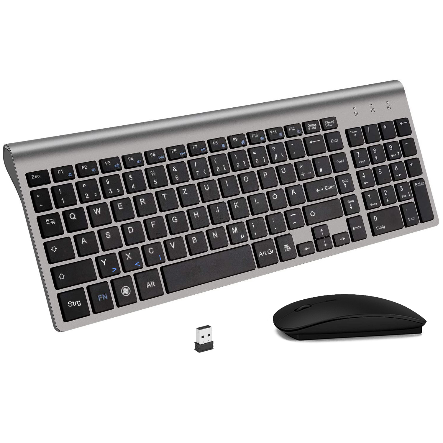 Home & Office Ultra Slim German(QWERTZ) Wireless Keyboard and Mouse 2.4G Silent Compact Key for