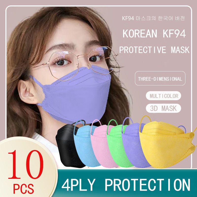 PINSV 10ชิ้น KF94 ดั้งเดิมของเกาหลี ชั้น 4 สี หน้ากากผู้ใหญ่ กันน้ำ ป้องกันฝุ่น ระบายอากาศหน้ากาก Breathable and waterproof