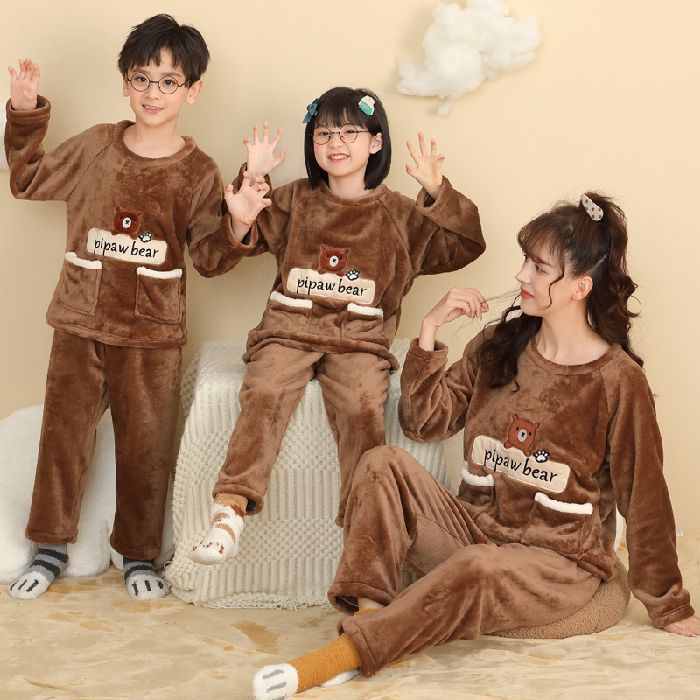 ZZOOI Disney Winnie The Pooh Winter Coral Fleece Parent-child Pajamas for A  Family of Three Thickened Cartoon Flannel Homewear Suit