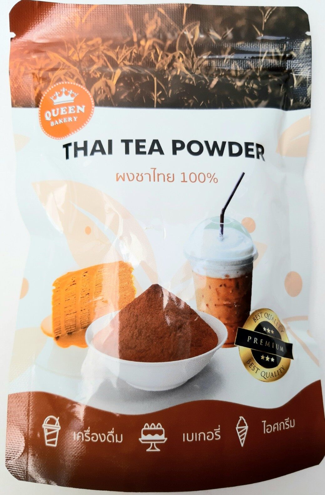 ผงชาไทย 100% Thai tea powder 100% ตรา ควีนเบเกอรี่ ผงชาไทย 100% น้ำหนักสุทธิ 100 กรัม ไม่ผสมนม และน้ำตาล ละลายน้ำโดยไม่ต้องกรองกาก ใหม่ สด สะอาด อร่อย
