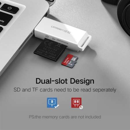 UGREEN เครื่องอ่านบัตร USB 3.0 Card Reader for TF, SD Card Read 2 Cards Simultaneously White