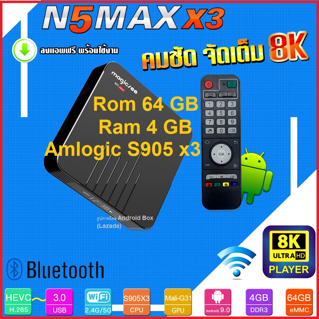 ที่สุดของความแรง S905x3 แรง 3 เท่า รองรับ 8K Android box X96 Max Plus Rom 64GB. Ram 4GB. wifi 2.4/5G + Bluetooth + 8K คมชัด