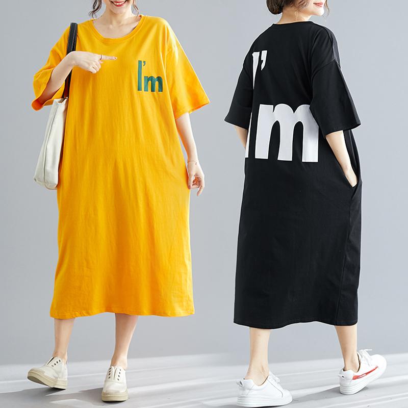 Agak Gemuk mm baju wanita ukuran besar baju ketat wanita gaun musim panas model baru 200 pound model panjang longgar lengan pendek lewat lutut baju kaos Rok