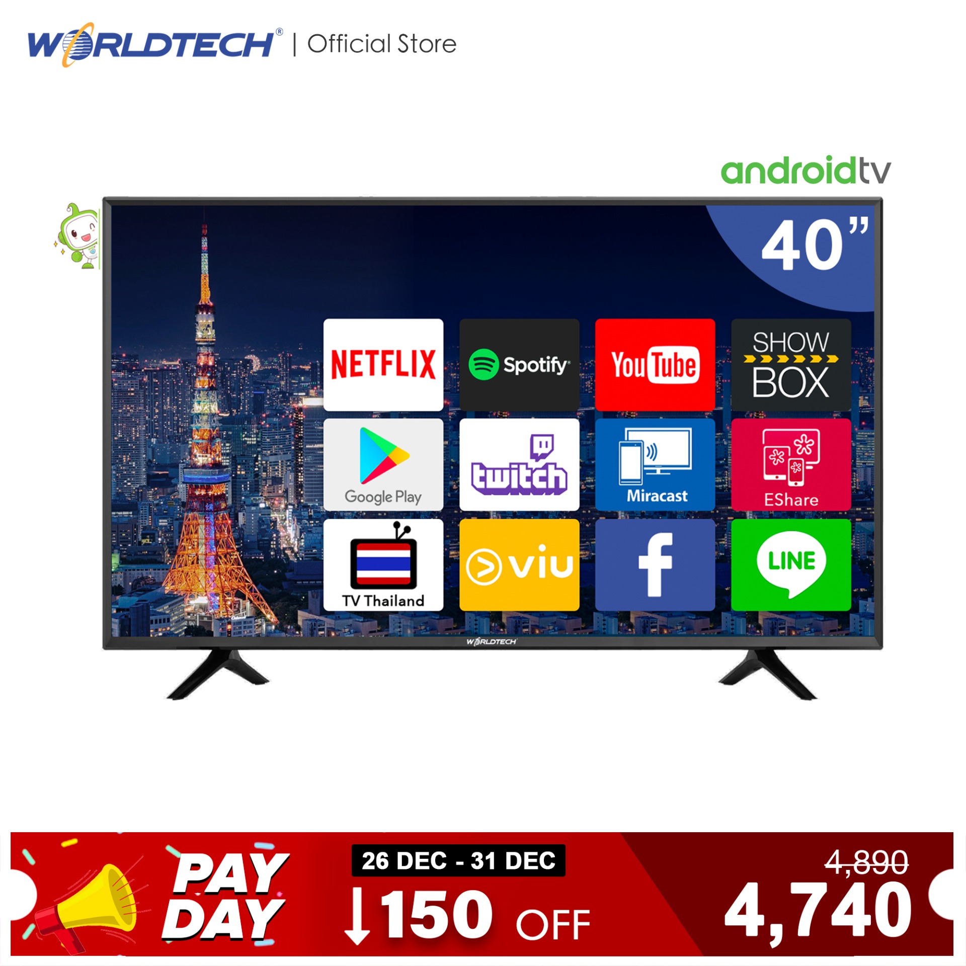 Worldtech 40 นิ้ว Android Digital Smart TV แอนดรอย แอนดรอย ทีวี HD Ready (2xUSB, 3xHDMI) YouTube/Internet