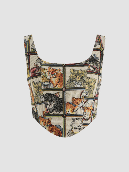 Cider Cat Lover Corset Tank Top เสื้อครอปท็อปแขนกุดผู้หญิง เสื้อแฟชั่น