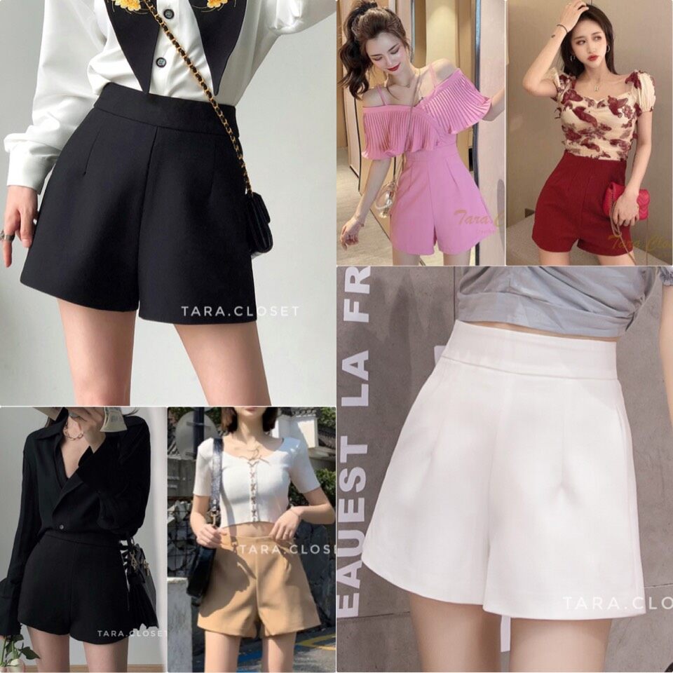 PW001 TARA Short pants กางเกงขาสั้น เอวสูง ตีเกร็ดหน้า เนื้อผ้าวูลเวฟ ผ้ายืด ใส่สบาย