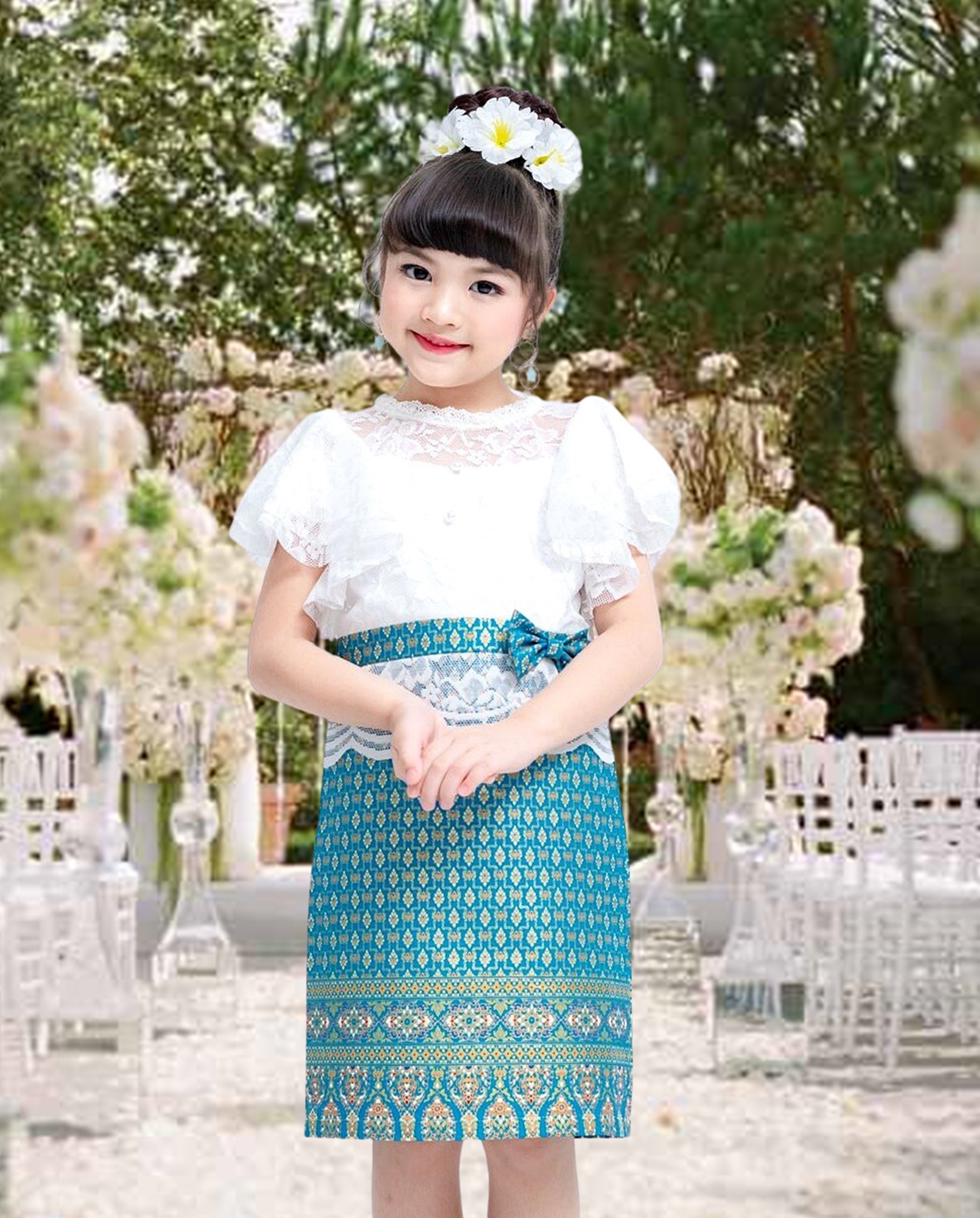 โปรโมชั่น ชุดไทย ชุดไทยประยุกต์ ชุดไทยลูกไม้ เด็กหญิง Mae Mali ขาว-ฟ้า เดรสชุดไทย เดรสลูกไม้ เดรสผ้าไทย Thai Dress Thai Lace Costume