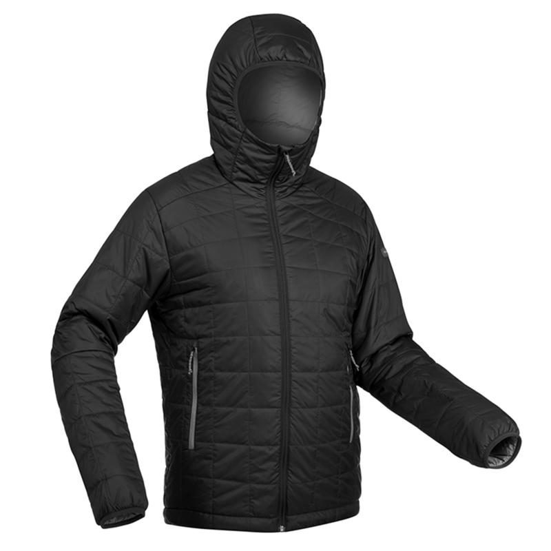 เสื้อแจ็คเก็ตดาวน์ผู้ชายมีฮู้ดสำหรับเทรคกิ้งบนภูเขารุ่น TREK 100 (สีดำ)