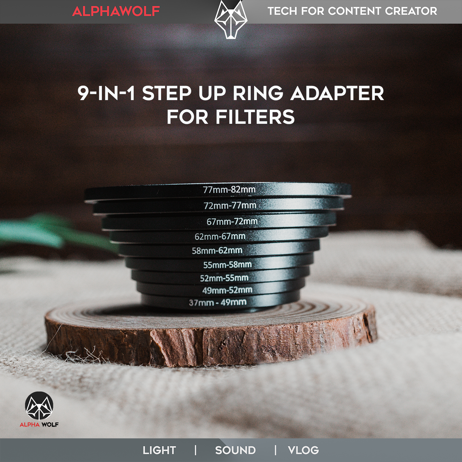 9-in-1 Step Up Ring Adapter for All Filters อะแดปเตอร์แปลงขนาดฟิลเตอร์ ครบทุกช่วงตั้งแต่ 37mm จนถึง 82mm | ALPHAWOLF