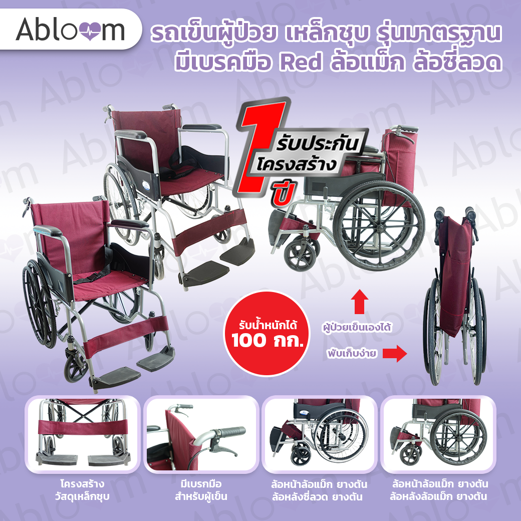 วีลแชร์ รถเข็น ผู้ป่วย เหล็กชุบ พับได้ พร้อมเบรคมือ Standard Foldable Wheelchair