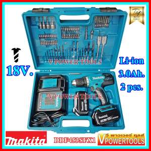 MAKITA สว่านไขควง ไร้สาย 18V. แบตลิเธี่ยม 3.0Ah . 2 ก้อน พร้อมอุปกรณ์เสริม รุ่น DDF453SFX1 (แท้)