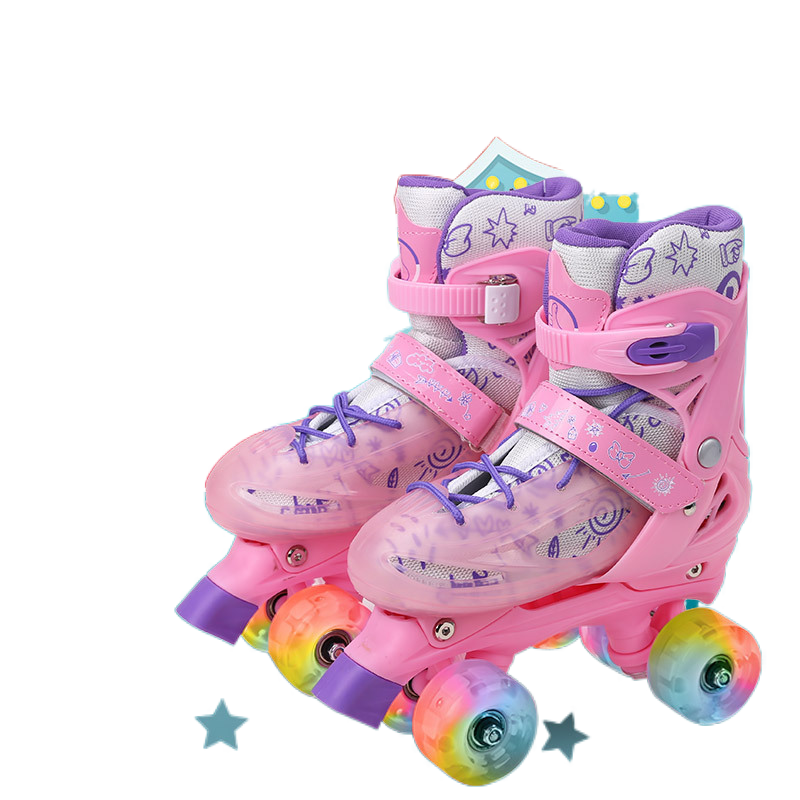 With wei double roller skates PU flashing blades wear round two rows pulley shoes, men and women with children roller