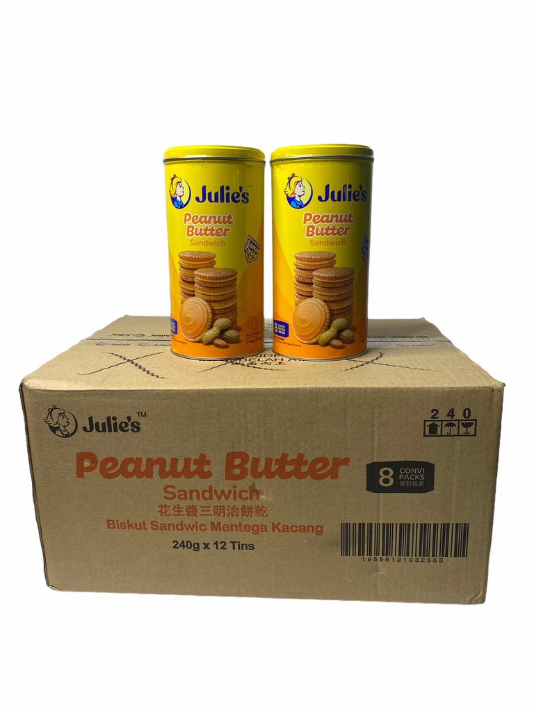 JULIE'S Peanut Butter Sandwich รุ่นกระป๋อง ปริมาณ 240g กระป๋องสีเหลือง 1 ลัง/บรรจุ 12 กระป๋อง ราคาส่ง ยกลัง สินค้าพร้อมส่ง
