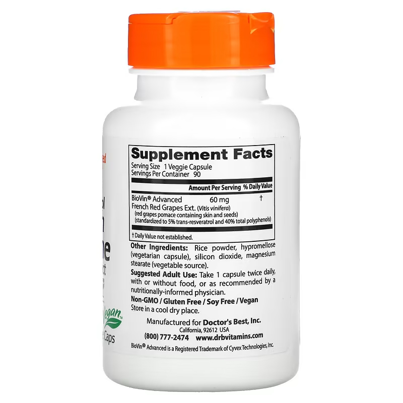 Doctors Best Resveratrol French Red Wine Grape Extract 60 mg 90 Veggie ...