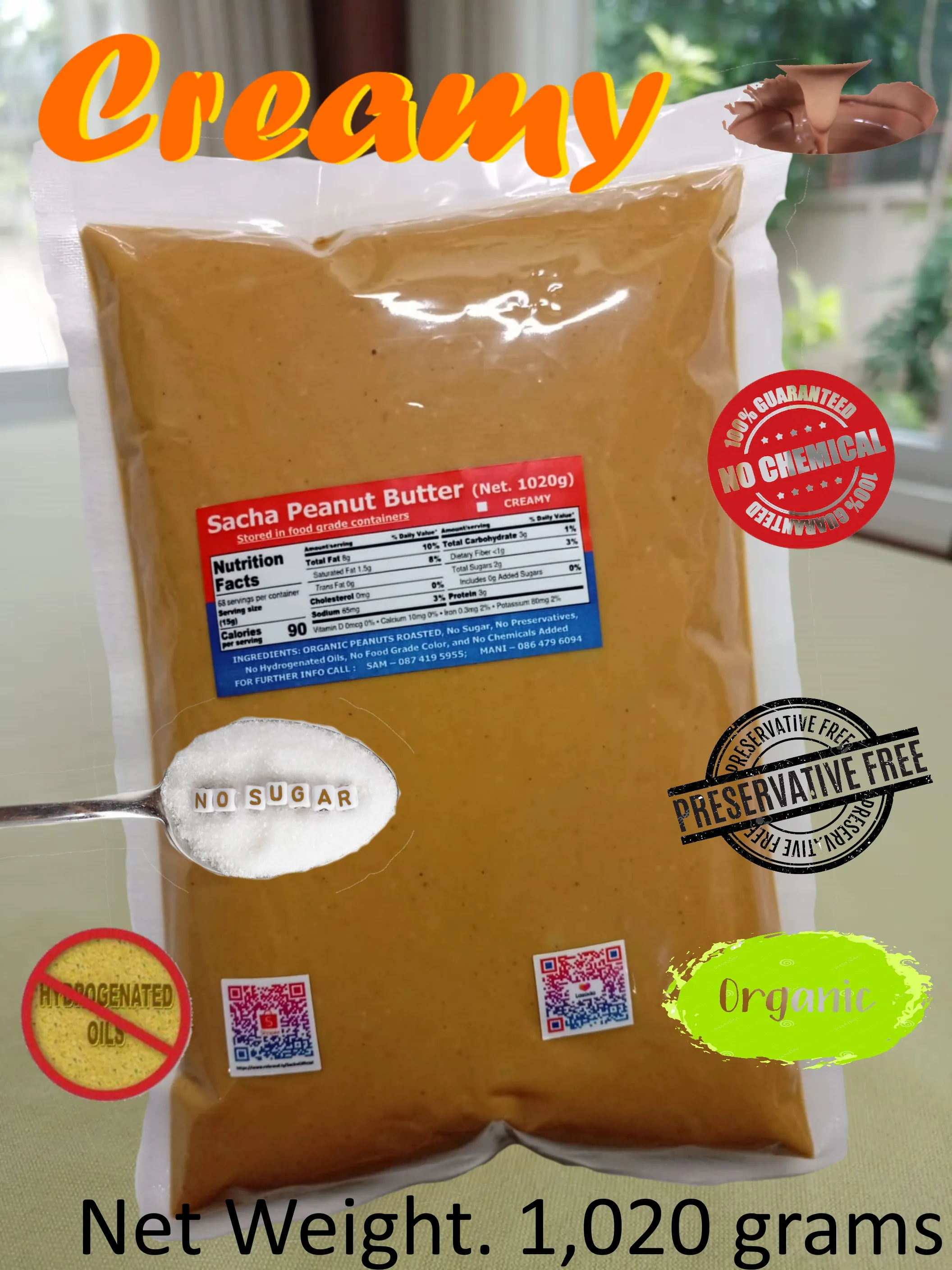 Sacha Peanut Butter (Creamy) All Natural Organic (1,020 grams) - Free Delivery, ซาช่า-เนยถั่ว (ส่งฟรี)